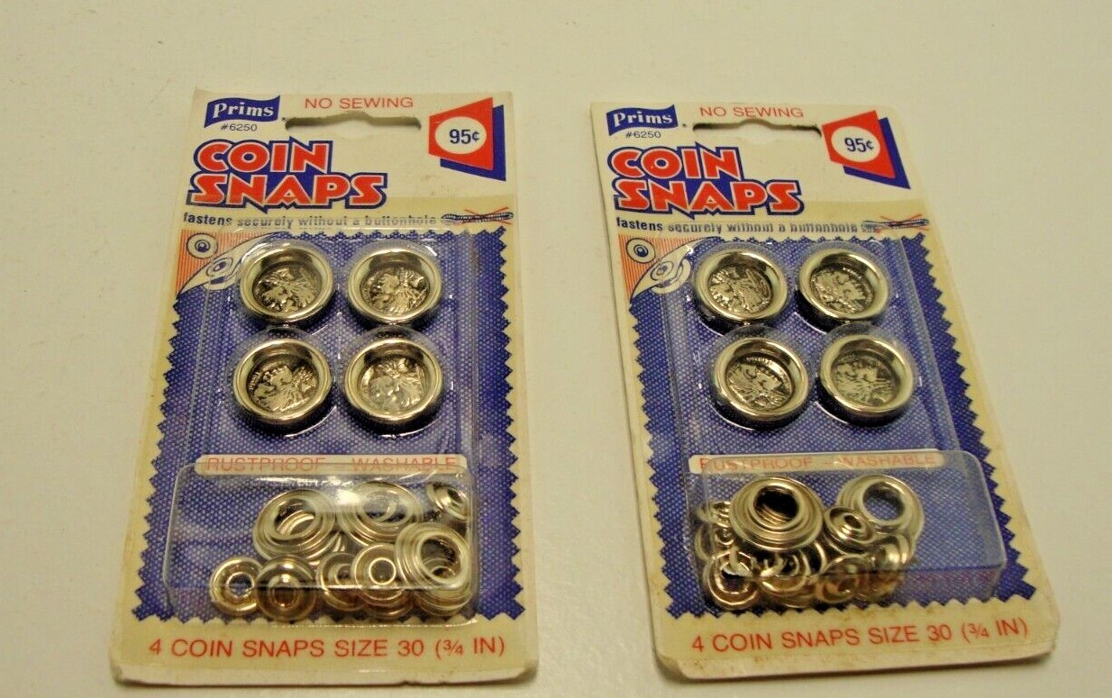 Vintage Prims #6250 Coin Snaps Fasteners Indian Head Nickel Themed 2 Packs Of 4