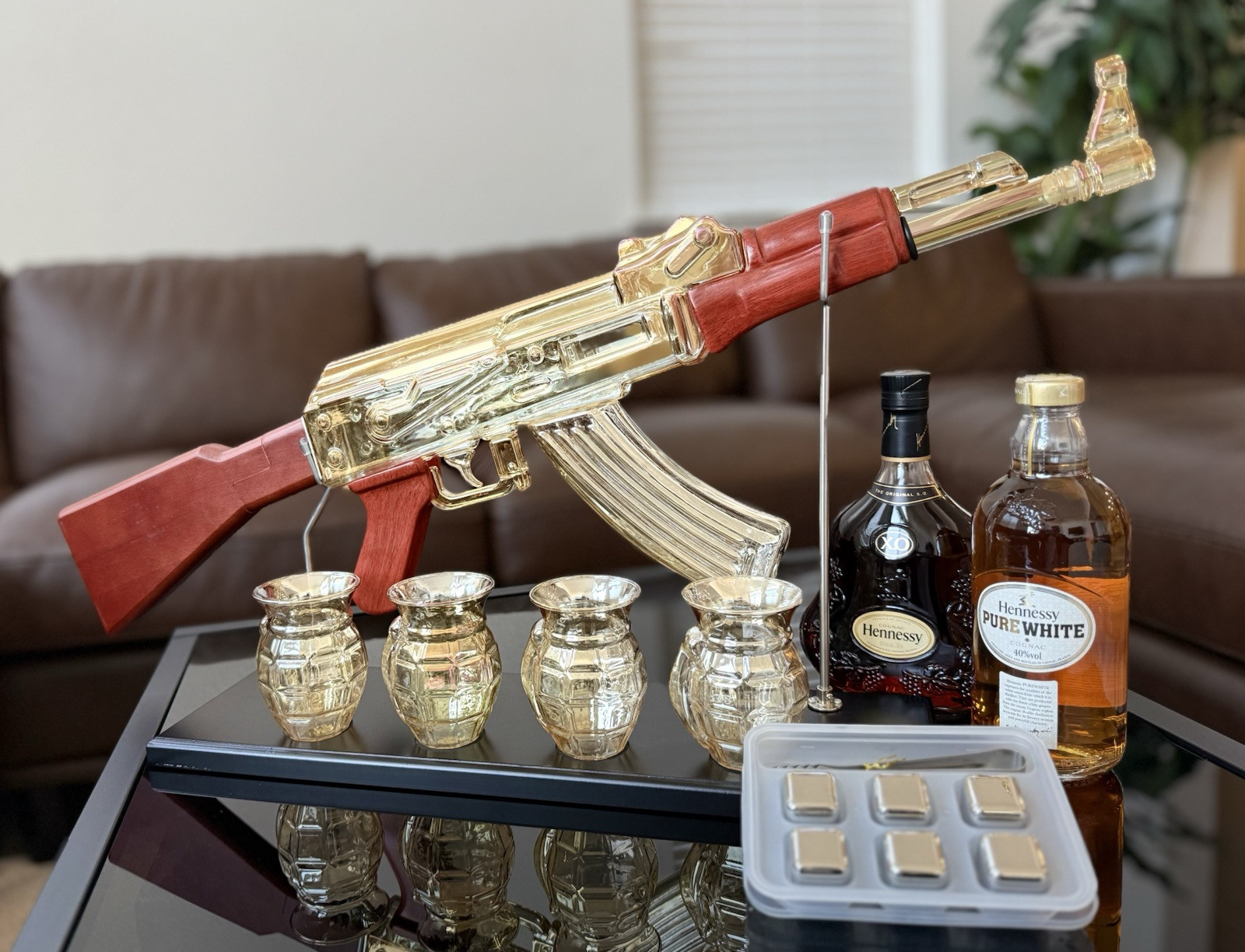 New Gold Glass Gun Alcohol Decanter with Grenade Cocktail glasses & Reusable Ice