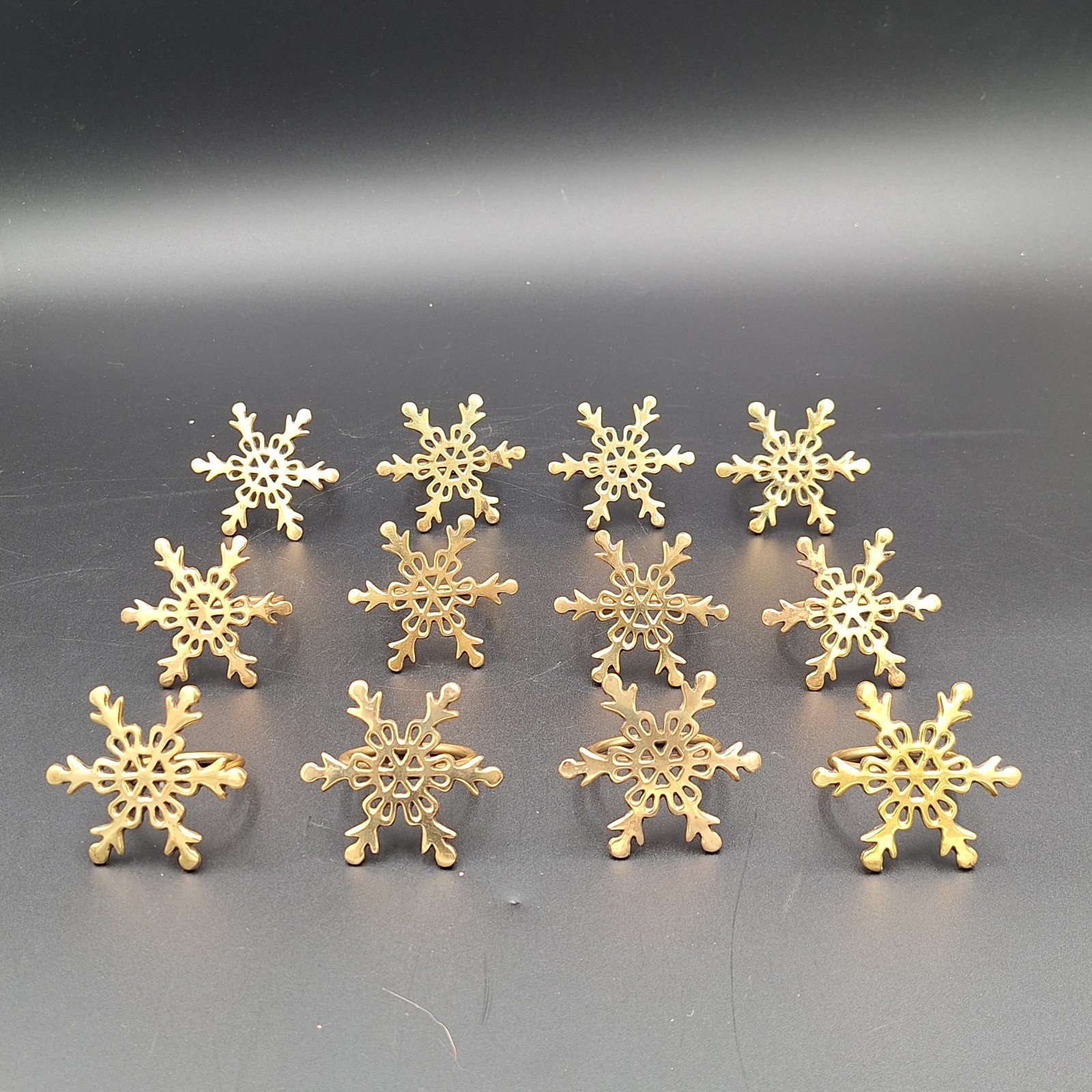 12 Vintage Solid Brass Snowflake Napkin Rings Christmas Winter MCM