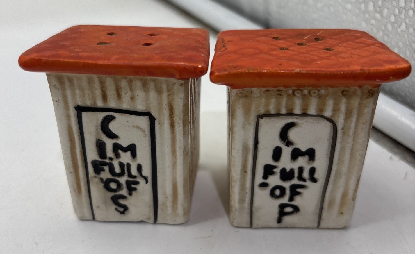 Vintage Victoria Ceramics Salt & Pepper Outhouse Shakers Novelty “I’m Full Of .”