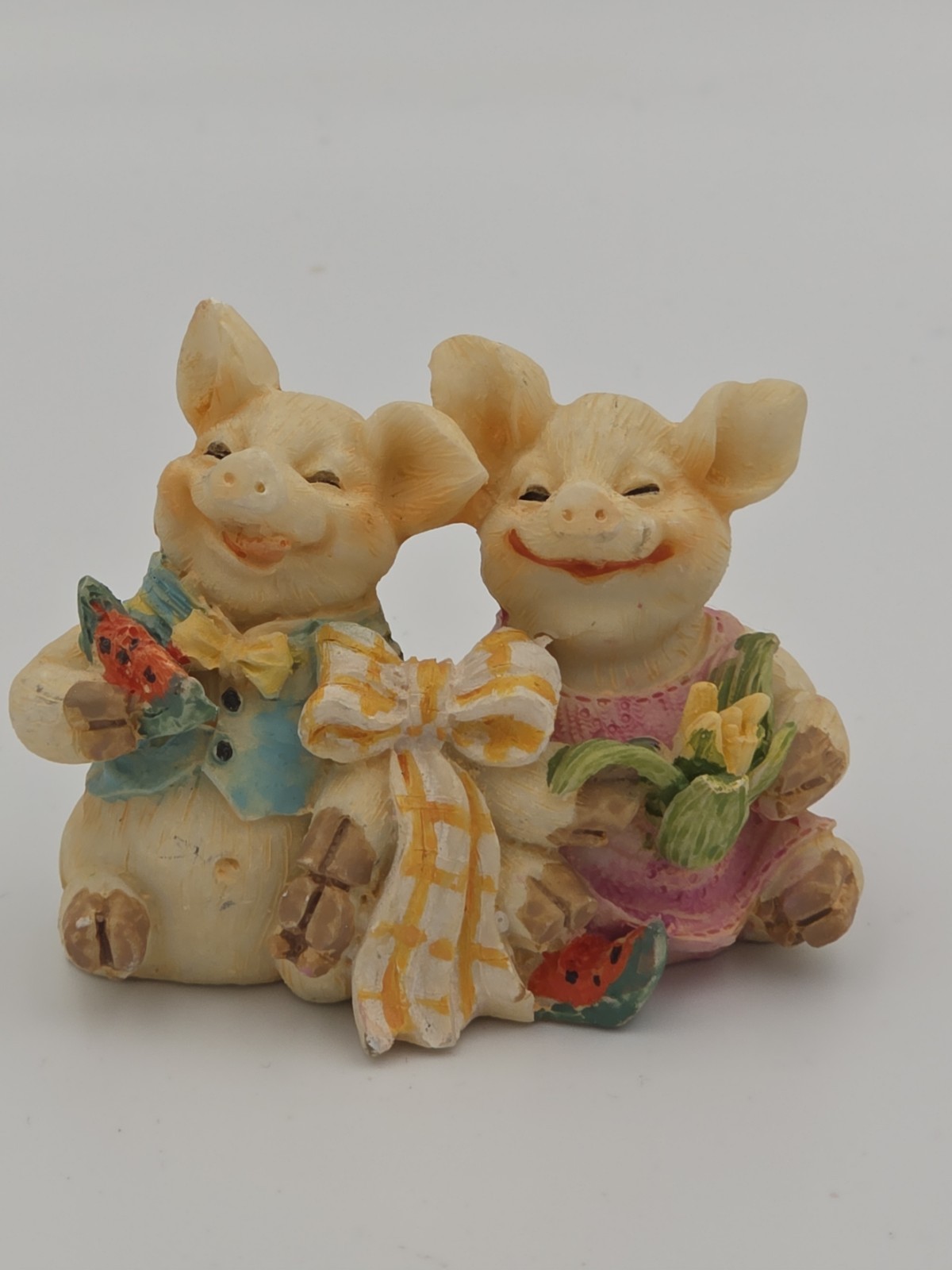 Vintage Two Happy Kitsch Pigs anthropomorphic Figurines Eating Watermelon Corn
