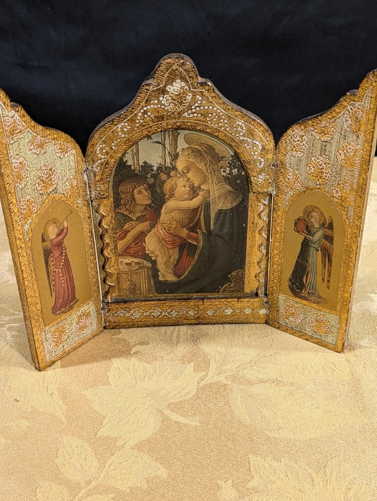 Antique Christianity Folding Triptych Panel Altarpiece Madonna Children Angels