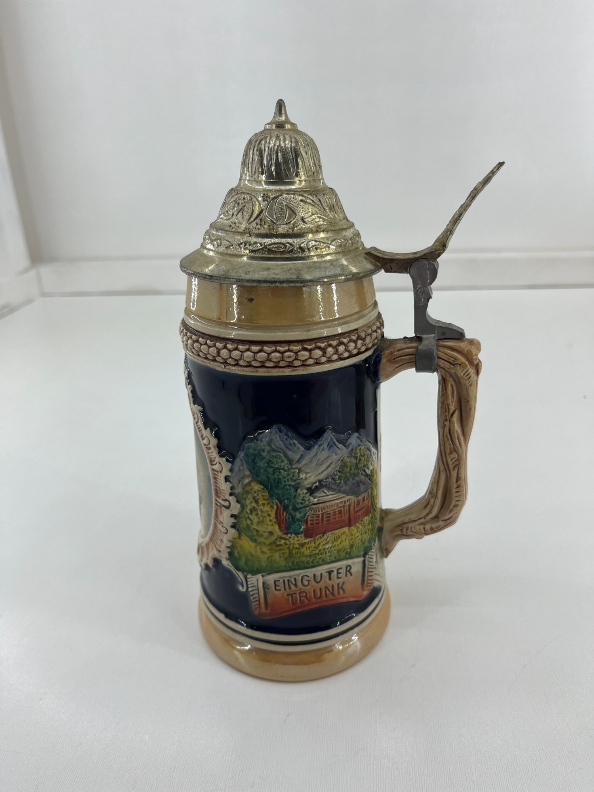 Vtg Albert Jac. Thewalt beer stein shows scenic design and silver-plated lid