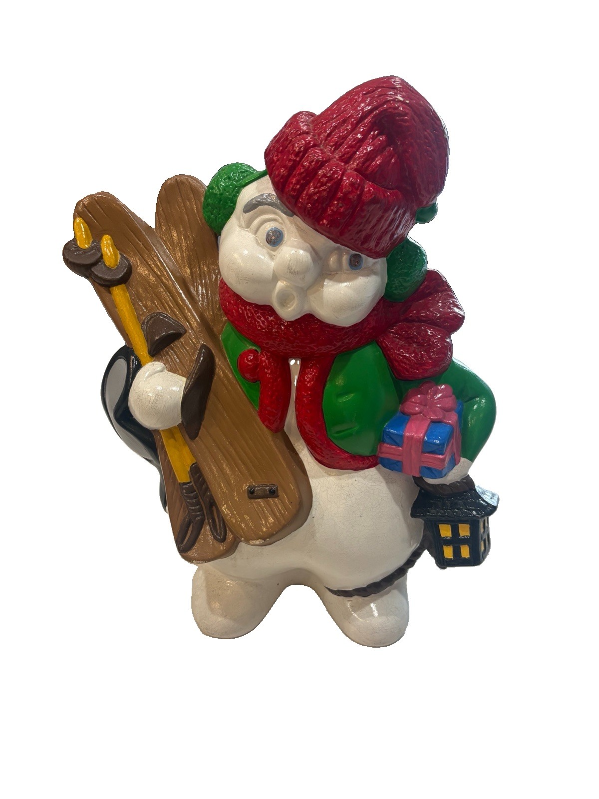 Vintage 1972 Atlantic Mold Ceramic Snowman Holding Skis Hand Painted 13”