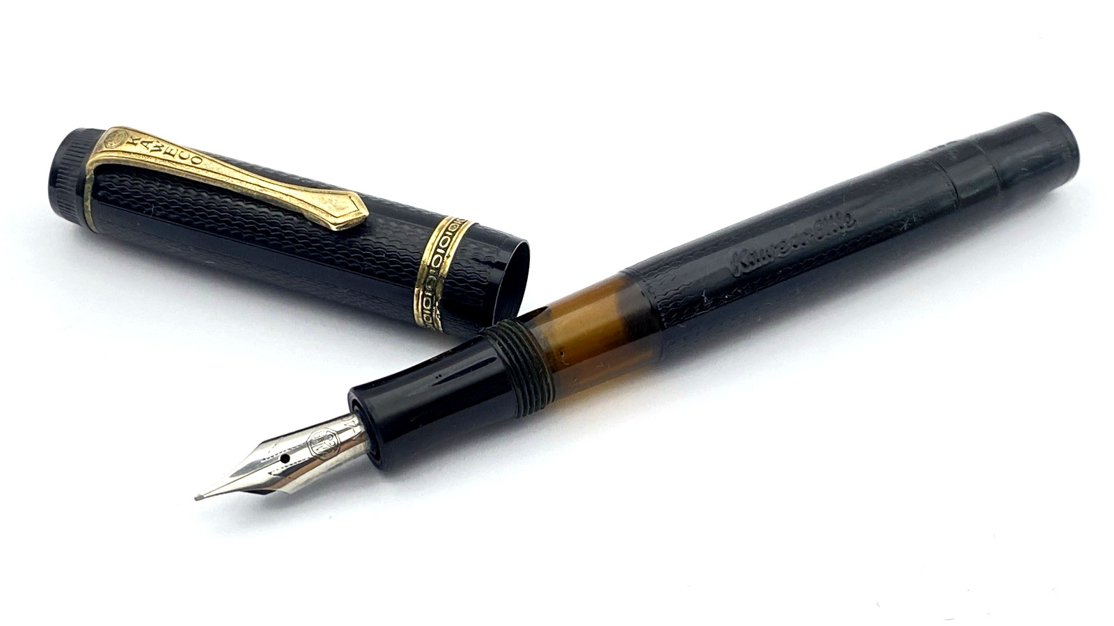 VINTAGE KAWECO ELITE 183A FOUNTAIN PEN IN BLACK CHASED SPRINGY STEEL FINE NIB