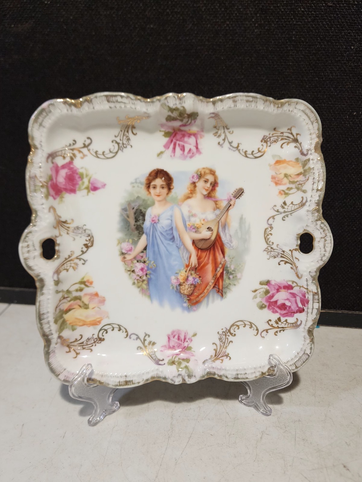 Antique PM Bavaria Porcelain Handled Dresser Tray Woodland Beauty Girls