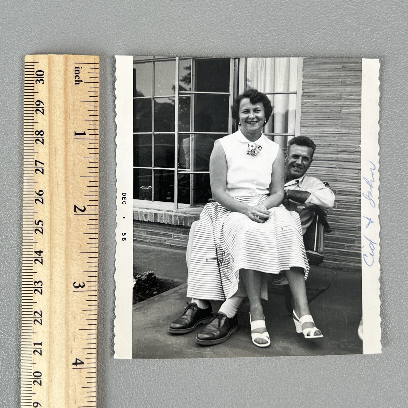 Vintage 1956 Snapshot Photo Couple Sitting On Lap Cid John MCM Home Fashion 50s