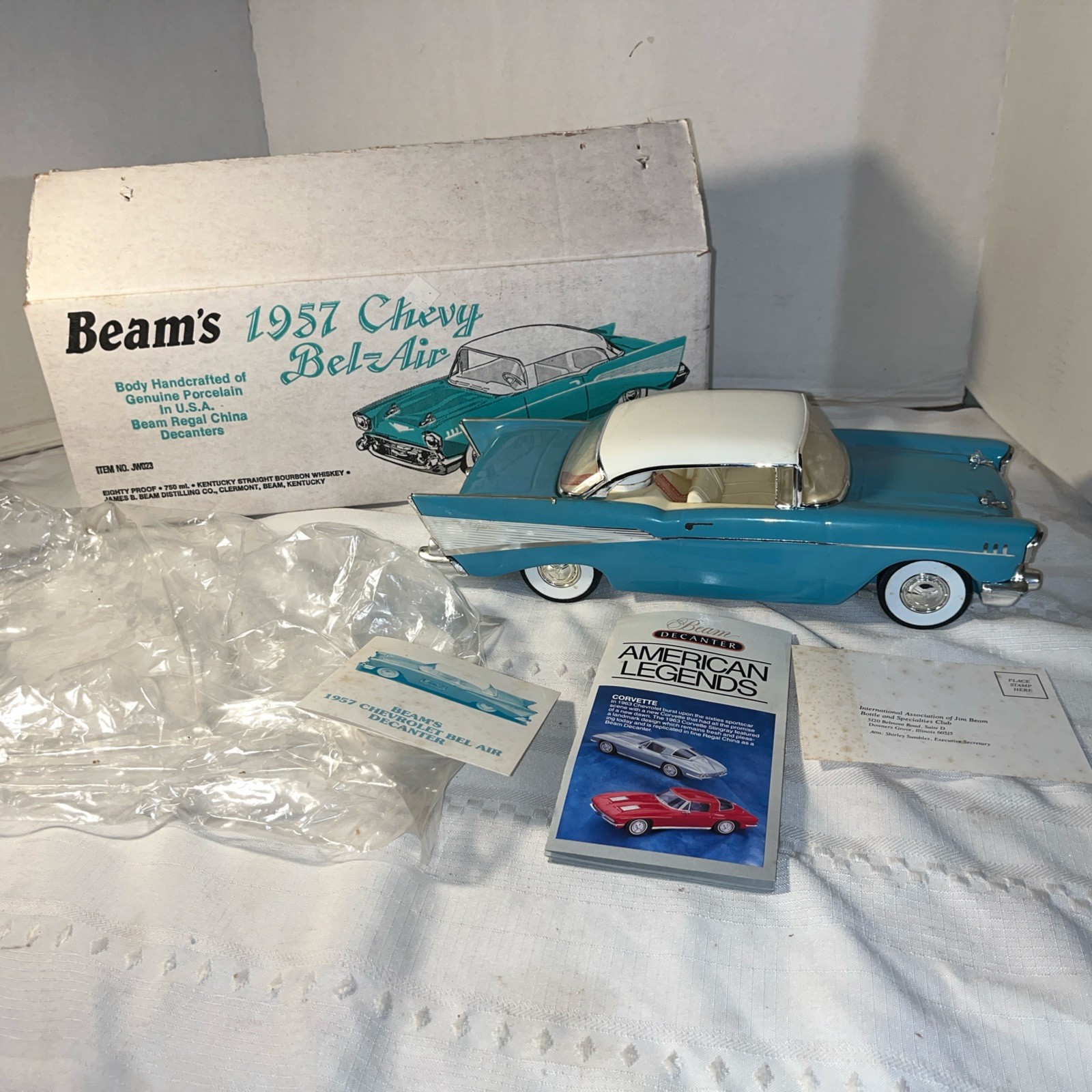 Vtg Jim Beam EMPTY Decanter 1957 Chevrolet Bel Air Turquoise Blue w/Box Inserts Vtg Jim Beam EMPTY Decanter 1957 Chevrolet Bel Air Turquoise Blue w/Box Inserts