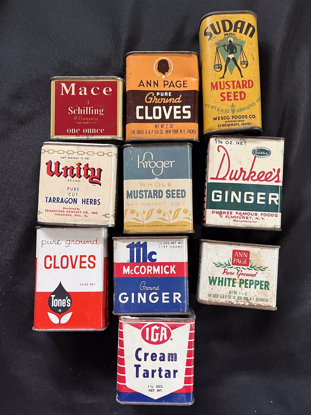 Lot Of 10 Vtg Advertising Spice Tins Schilling,Ann Page,Sudan,Unity,Kroger++MCM Lot Of 10 Vtg Advertising Spice Tins Schilling,Ann Page,Sudan,Unity,Kroger++MCM
