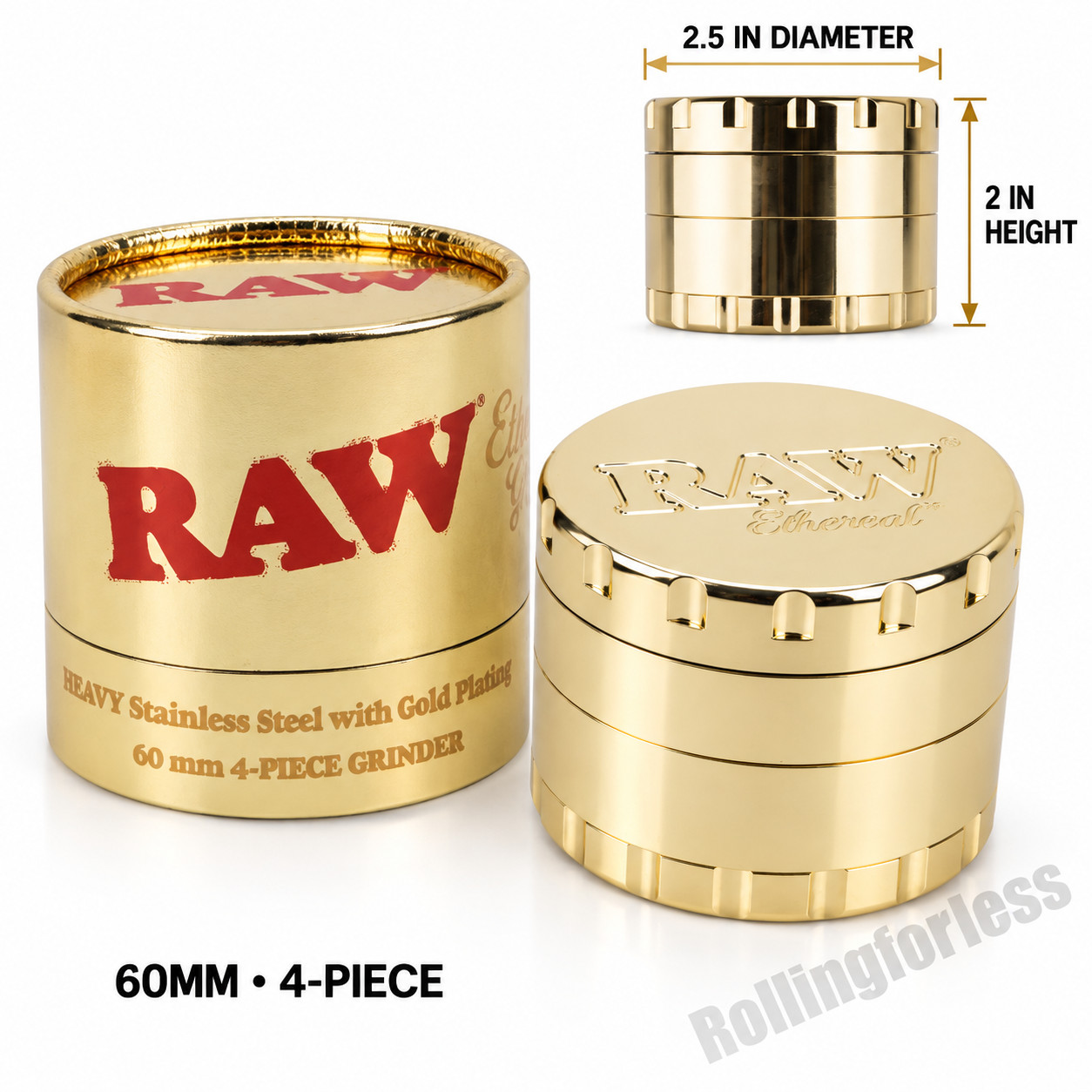 RAW Ethereal Grinder Gold-Plated Stainless Steel 60mm (4-Piece)