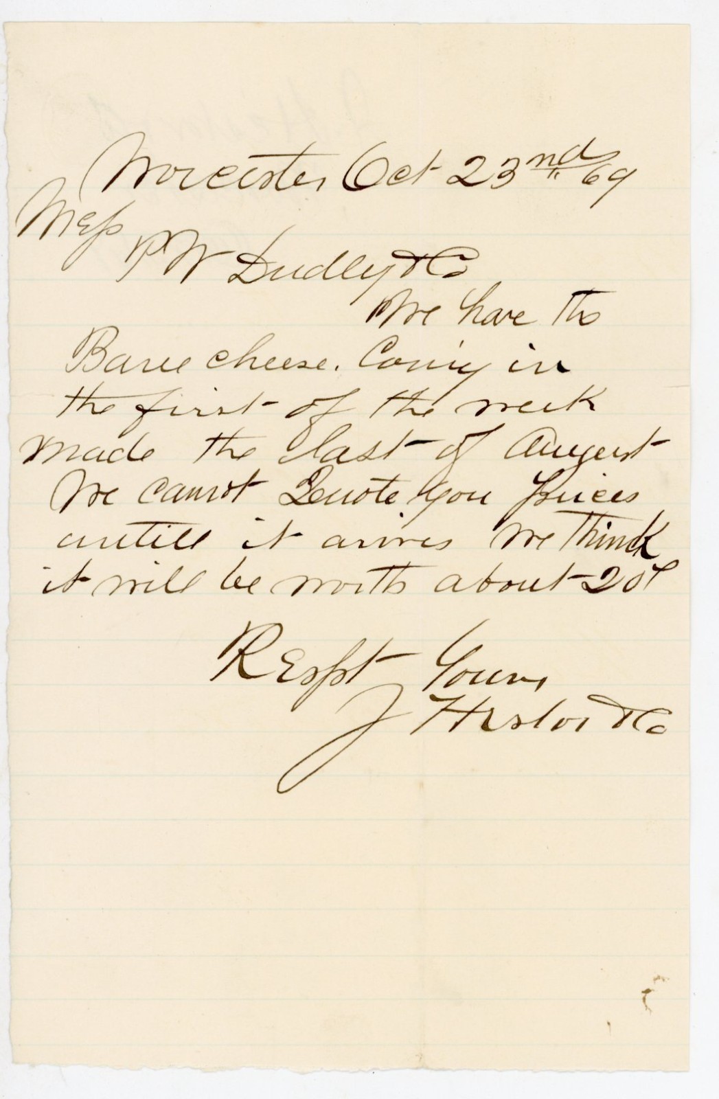 1869 Meriden CT Manuscript Letter Cheese Shipment Payment J. Hestor Manchester