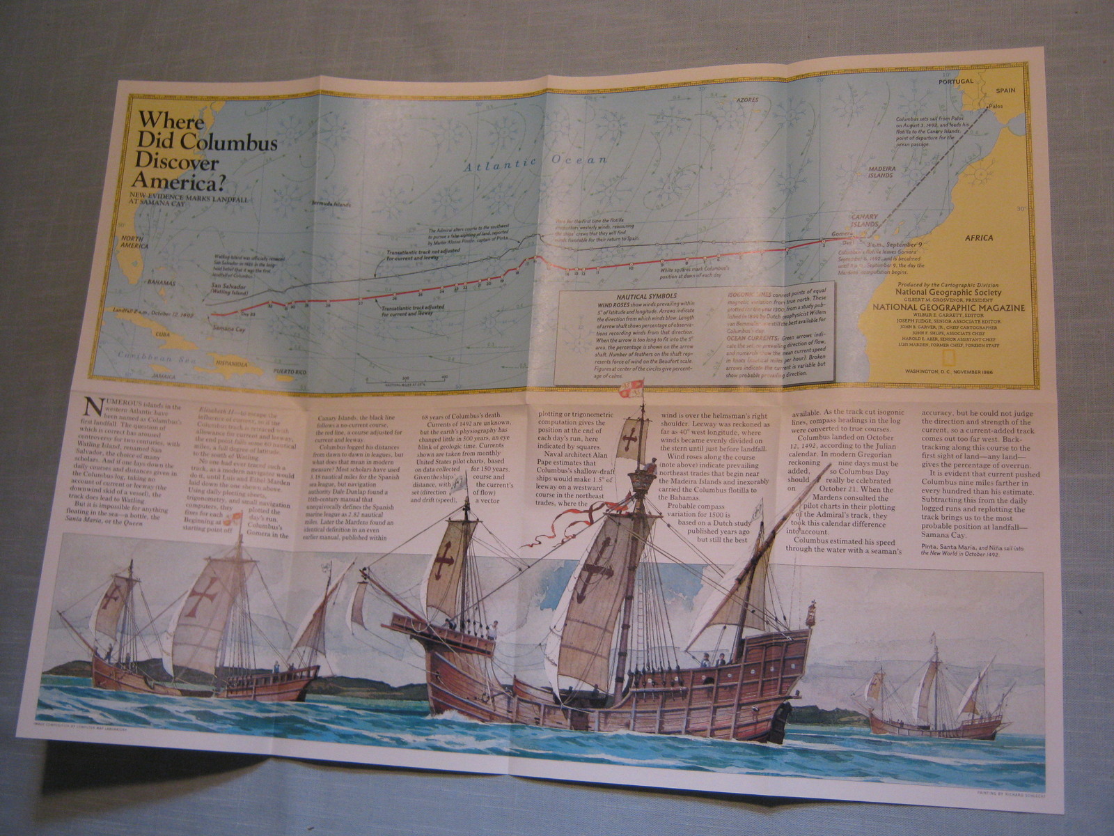 WHERE DID COLUMBUS DISCOVER AMERICA MAP + ISLANDS National Geographic  Nov. 1986