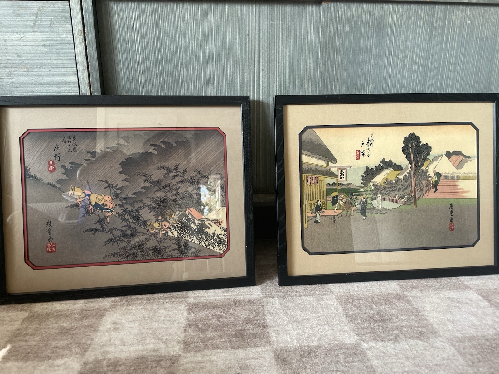 Pair of Vintage Framed Japanese Fabric Art Prints - Hiroshige Tōkaidō Series