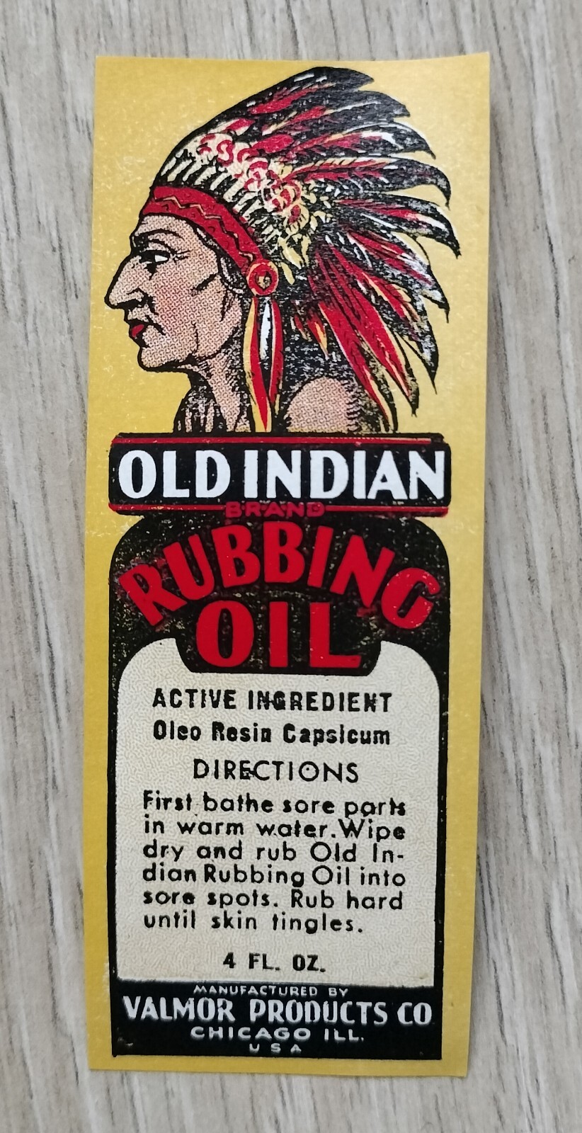 1930s Valmor Old Indian Brand Rubbing Oil Label Chicago Black Americana NOS 1930s Valmor Old Indian Brand Rubbing Oil Label Chicago Black Americana NOS