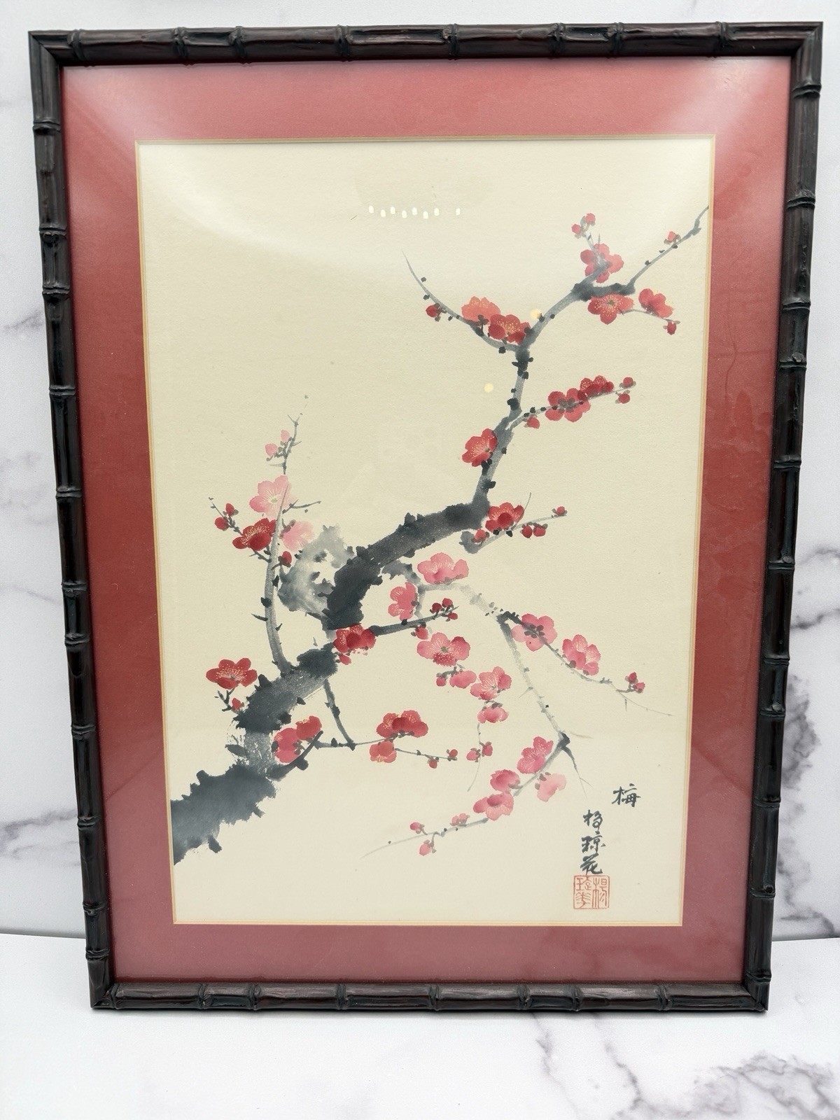 Vintage Asian Plum Blossom Art Framed Faux Bamboo Red Pink Floral 19x14