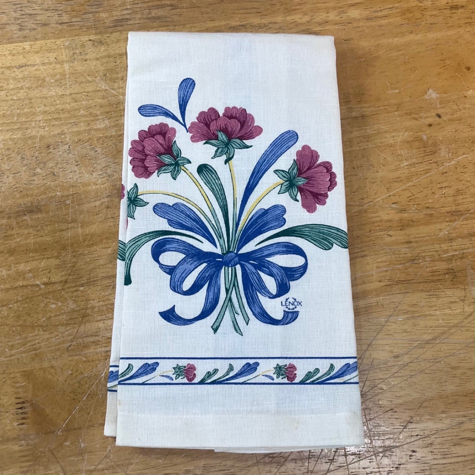 Vtg Lenox Floral Bouquet Blue Bow White Linen Hand Tea Towel 16x25 Vtg Lenox Floral Bouquet Blue Bow White Linen Hand Tea Towel 16x25