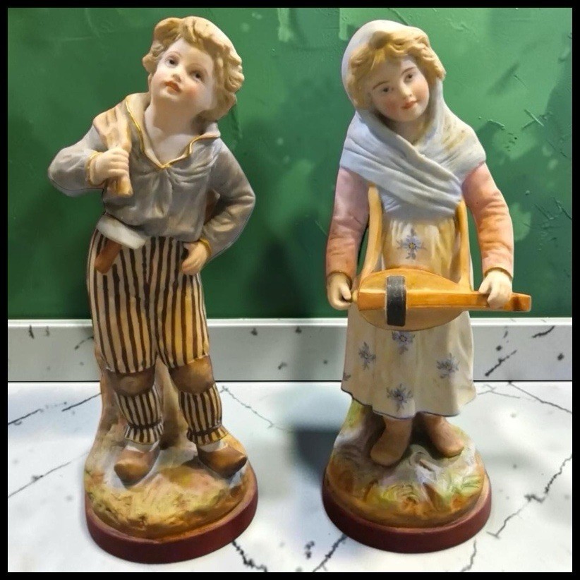 Antique Mauger & Fils French Bisque Porcelain Figurines Pair Victorian Boy Girl Antique Mauger & Fils French Bisque Porcelain Figurines Pair Victorian Boy Girl