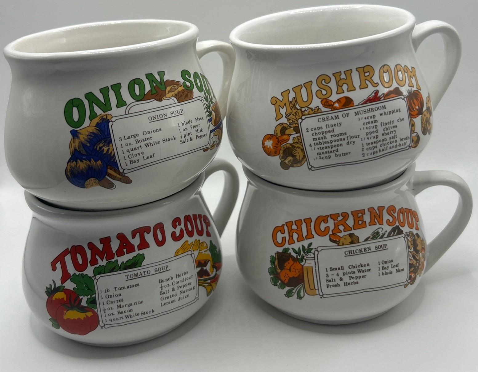 vintage ceramic soup recipe mugs Collection Set 4