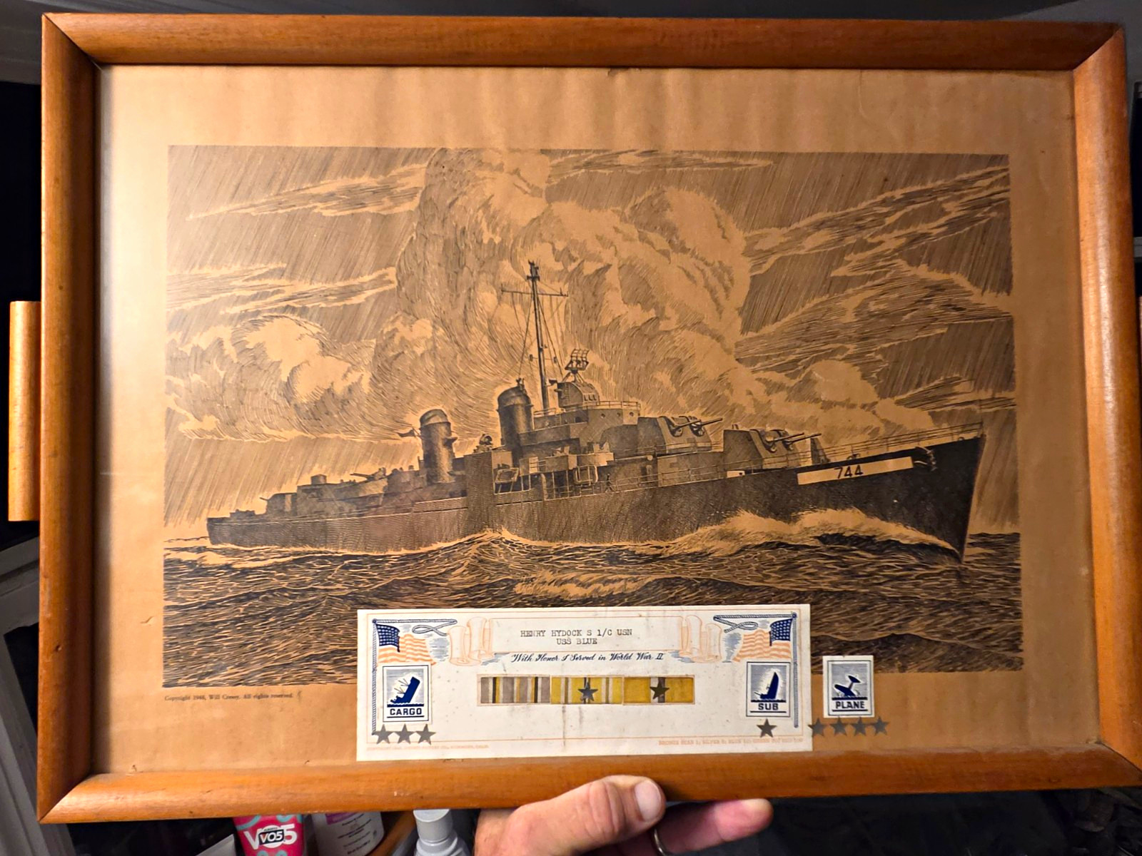 WWII US Navy Framed USS BLUE Print w/ Service Stars, & Ribbon, Veteran SAILOR