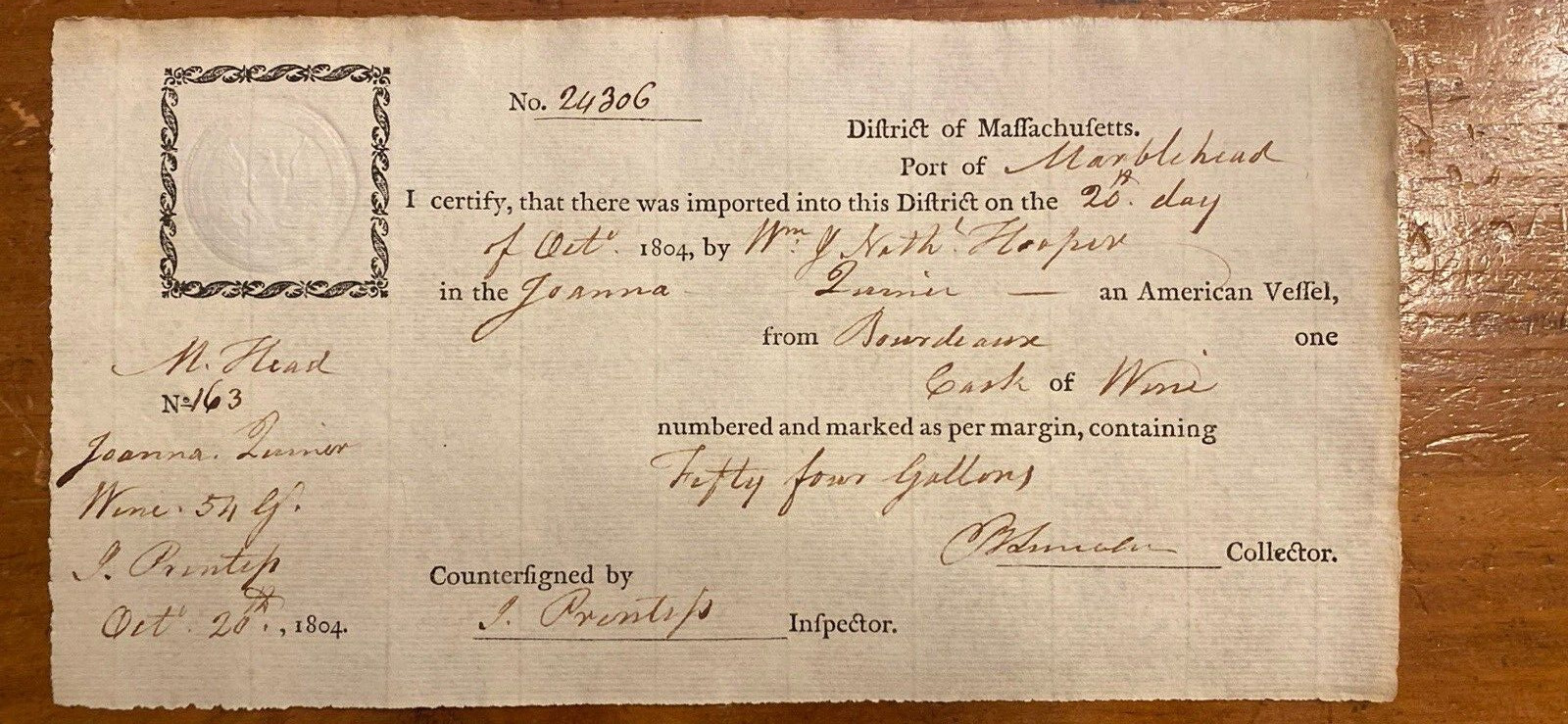 Import Certificate 1804 Marblehead Autograph Benjamin Lincoln Washington\'s Aide