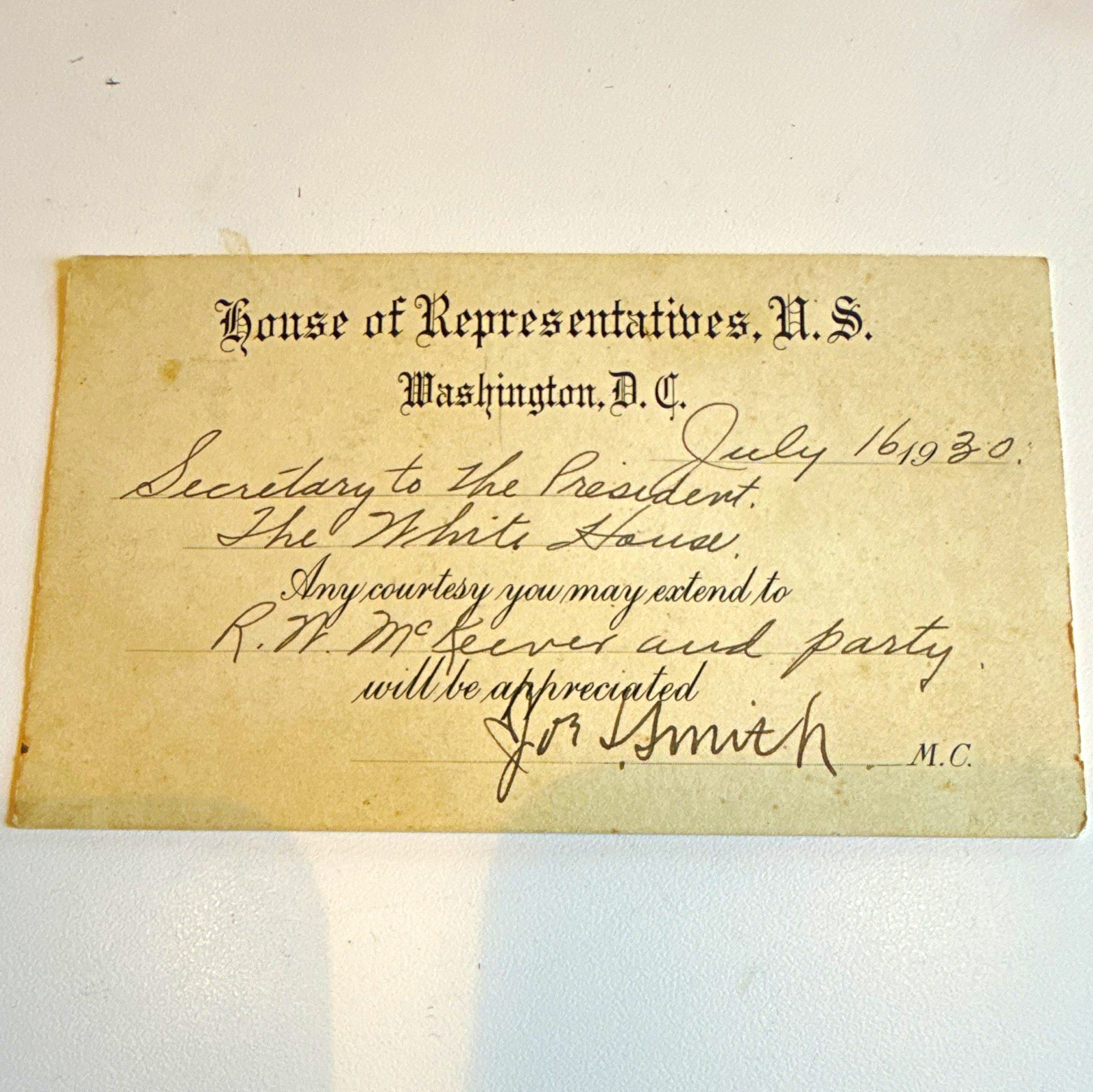 U.S. House of Representatives Washington D.C. White House Card July 16, 1930
