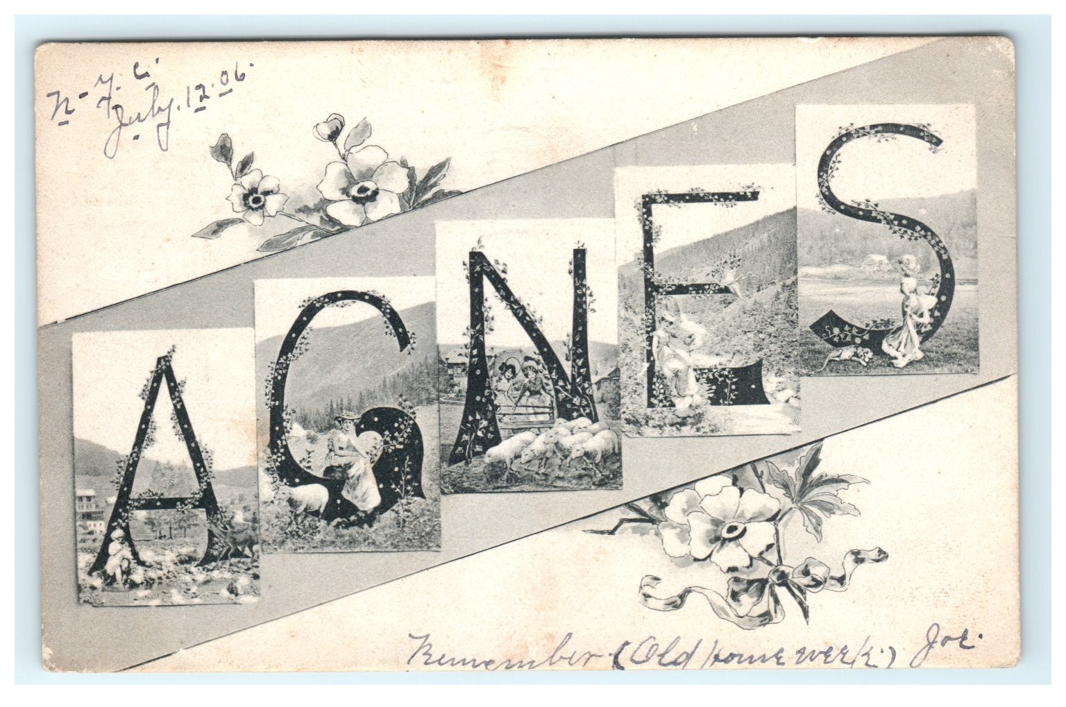 Vintage AGNES Name Postcard 1906 Floral Art Joe to Agnes Skaneateles NY Vintage AGNES Name Postcard 1906 Floral Art Joe to Agnes Skaneateles NY