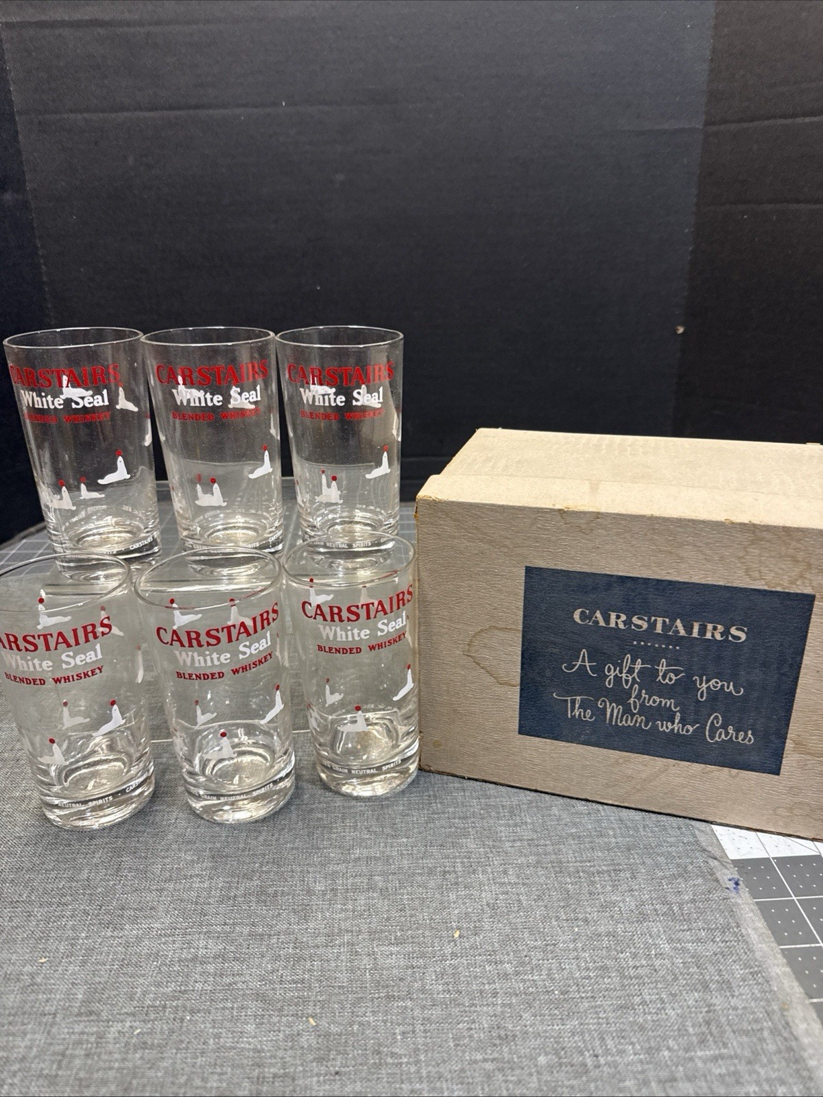 Vintage Set Of 6 Carstairs White Seal Blended Whiskey Clear Bar Glasses  box