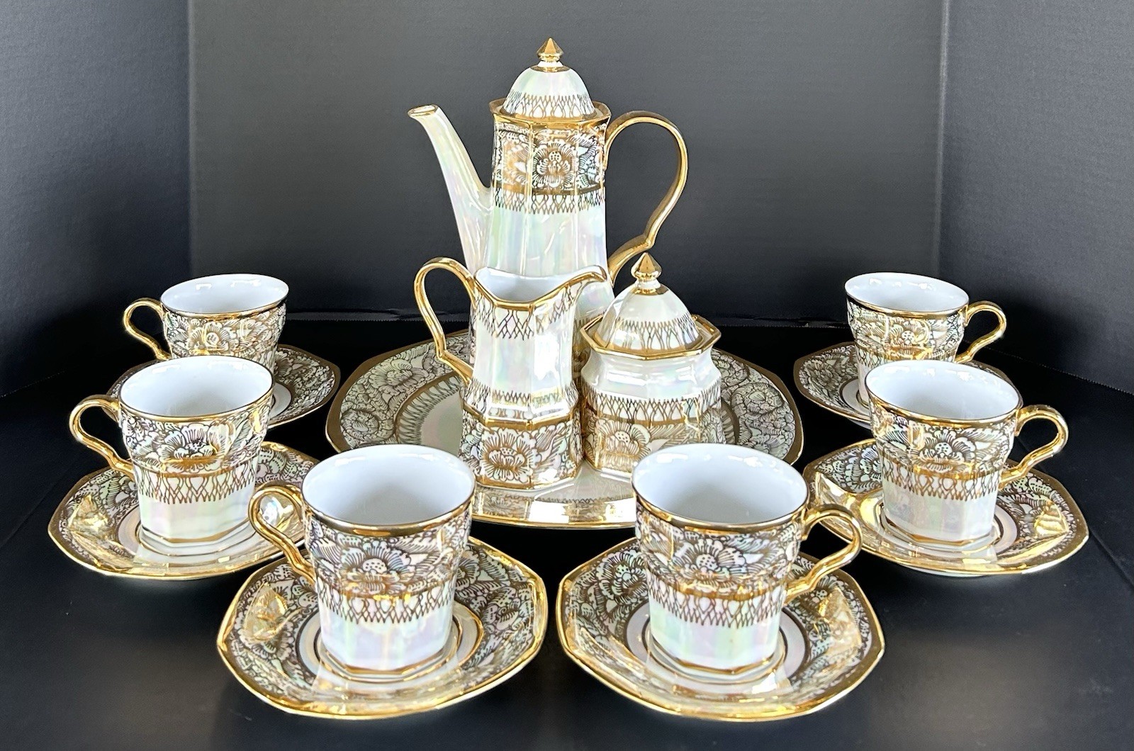 Asian Thai Benjarong Tea Set Opalescent Hand Painted 18k Gold Lotus Flowers Asian Thai Benjarong Tea Set Opalescent Hand Painted 18k Gold Lotus Flowers