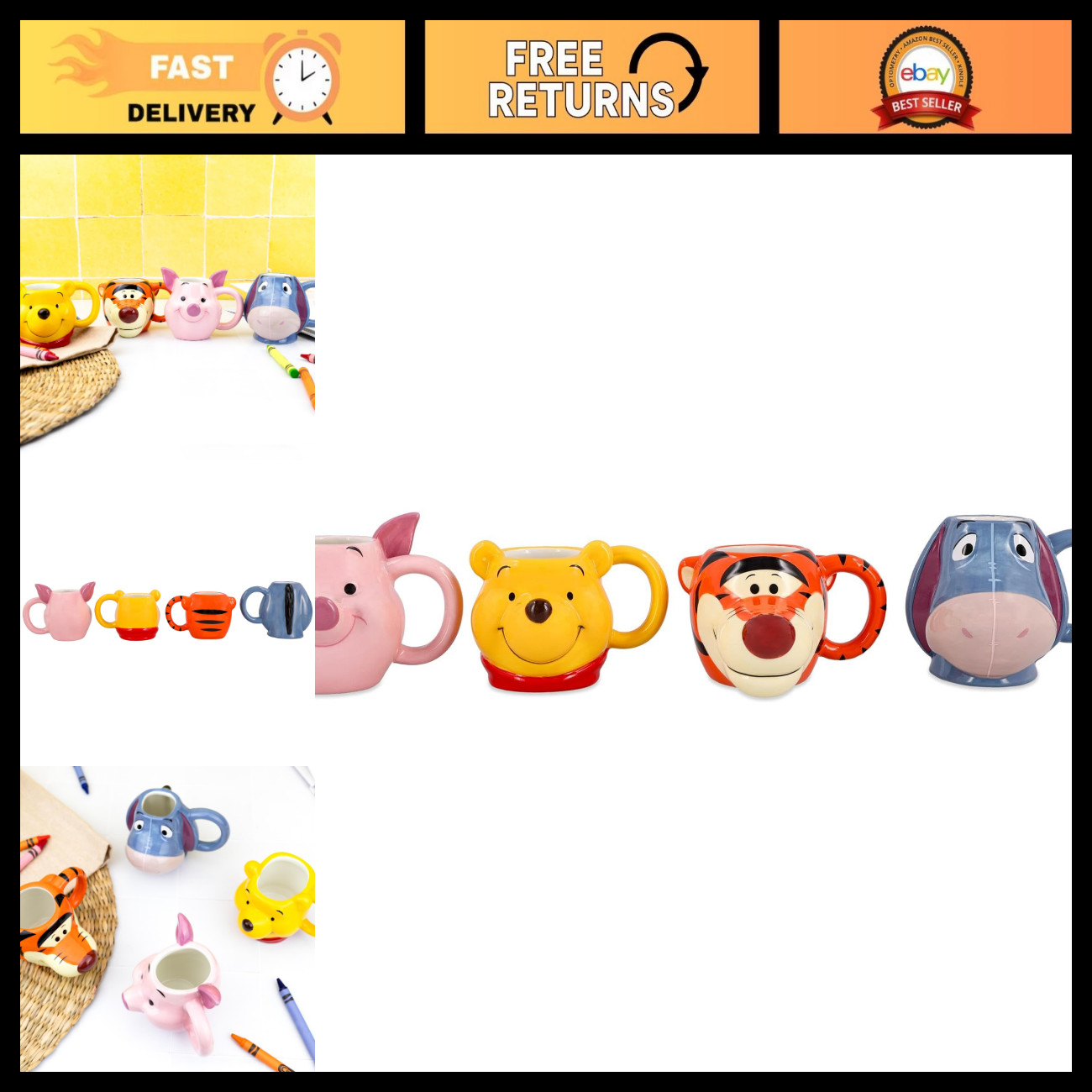 Winnie the Pooh 4-Piece Mini Mug Set - Sculpted Ceramic, 4 oz Each, Cute Charact