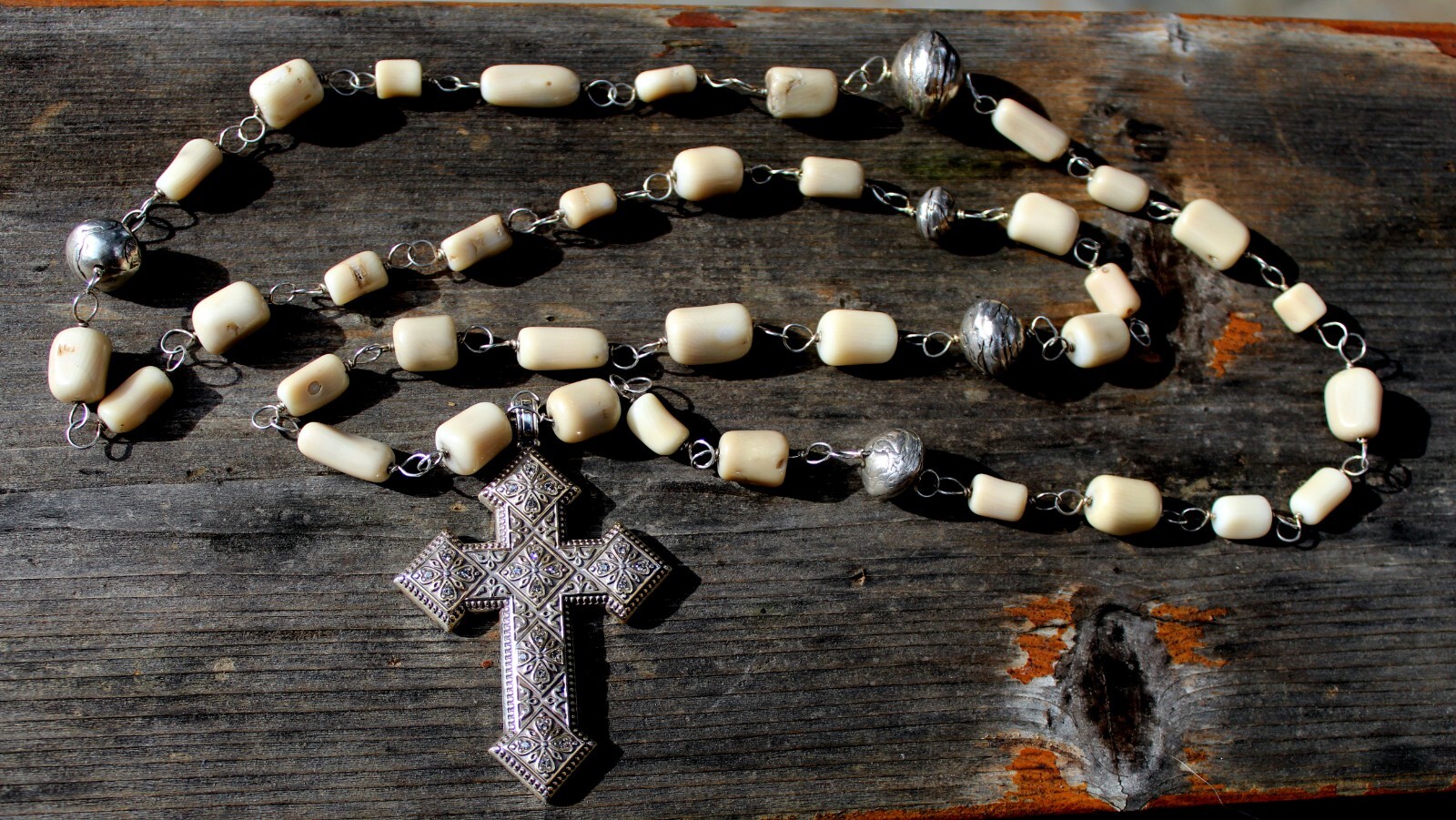 Large Handmade Old Sterling Silver & Enamel Beads Priest Rosary 40\