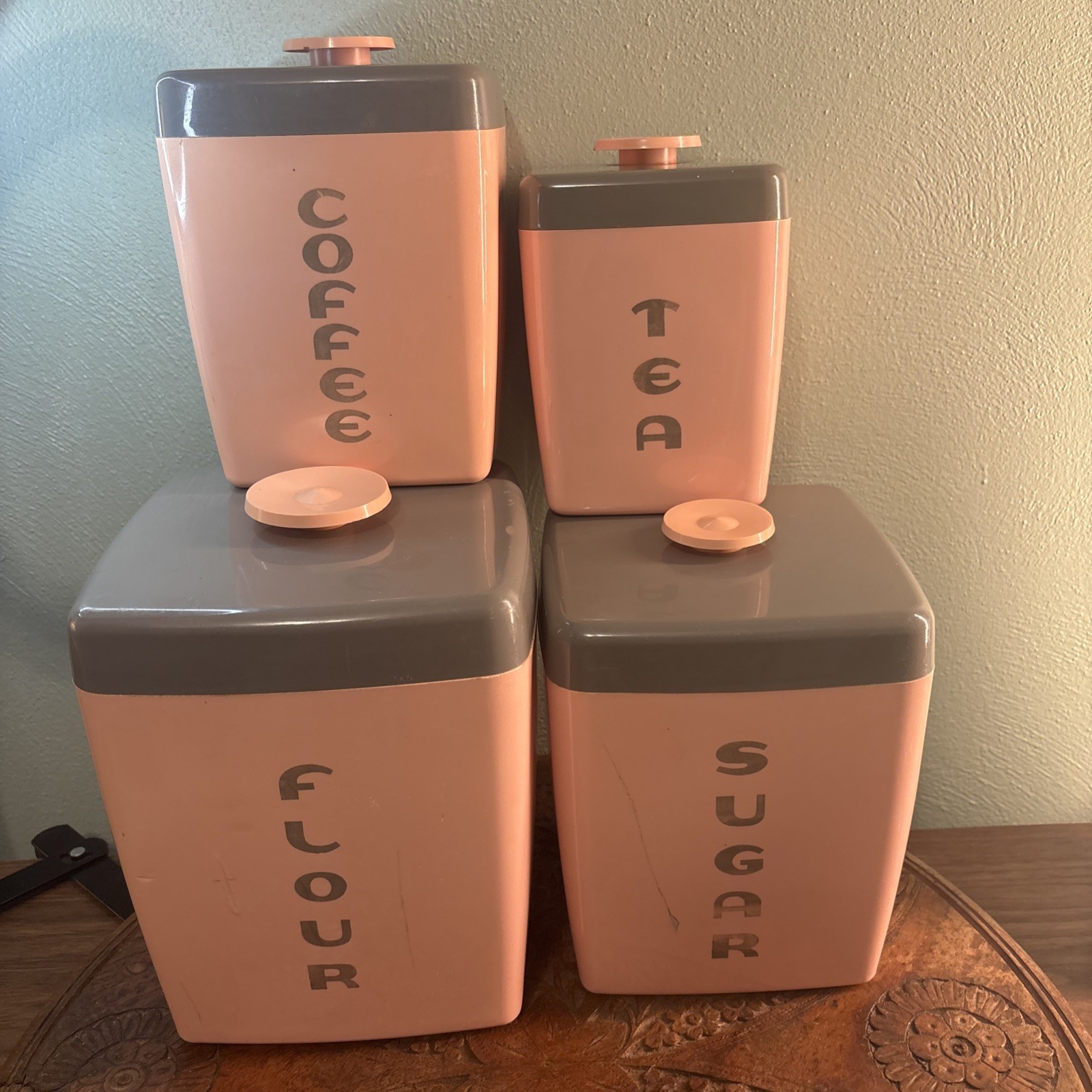 Vintage MCM 1950's Lustro Ware Brand Pink & Gray Kitchen Canister Set Of 4