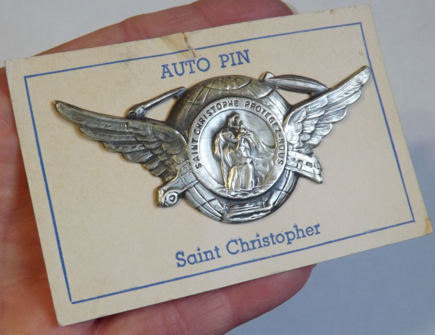St Saint Christopher protect us safe travel air land sea auto car visor pin clip