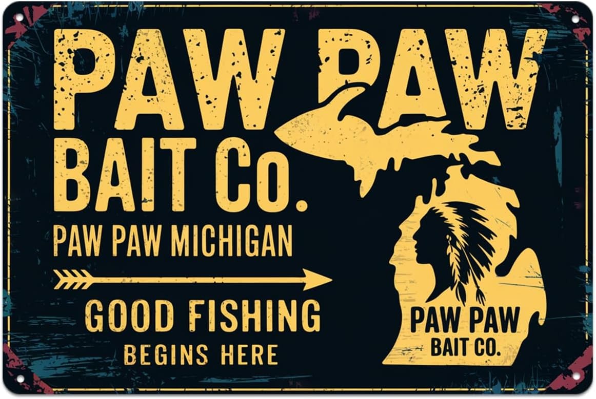 Paw Paw Bait Co. Michigan Fishing Vintage Tin Metal Signs Home Décor 8x12 Paw Paw Bait Co. Michigan Fishing Vintage Tin Metal Signs Home Décor 8x12