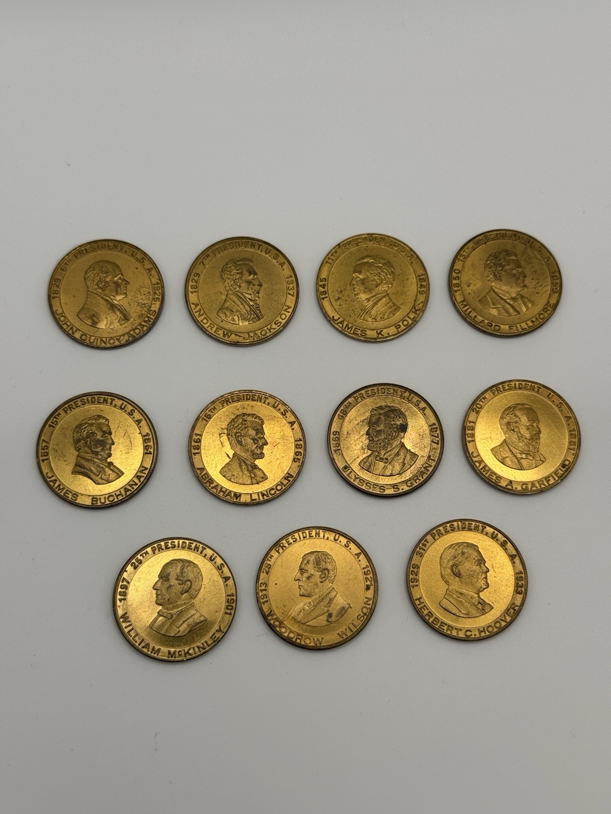 11 Vintage Presidential Commemorative Medals / Coins – Brass Token Collection