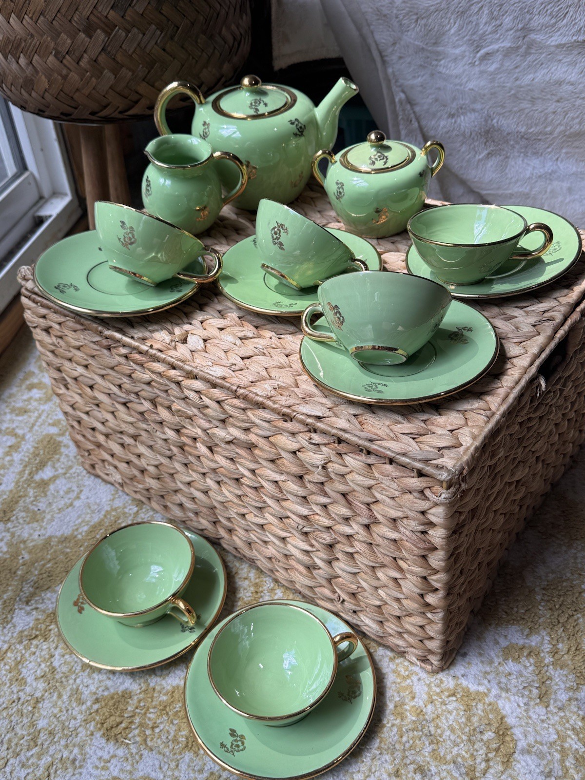 Vintage Jade Green & Gold Porcelain Tea Set - 15 Piece