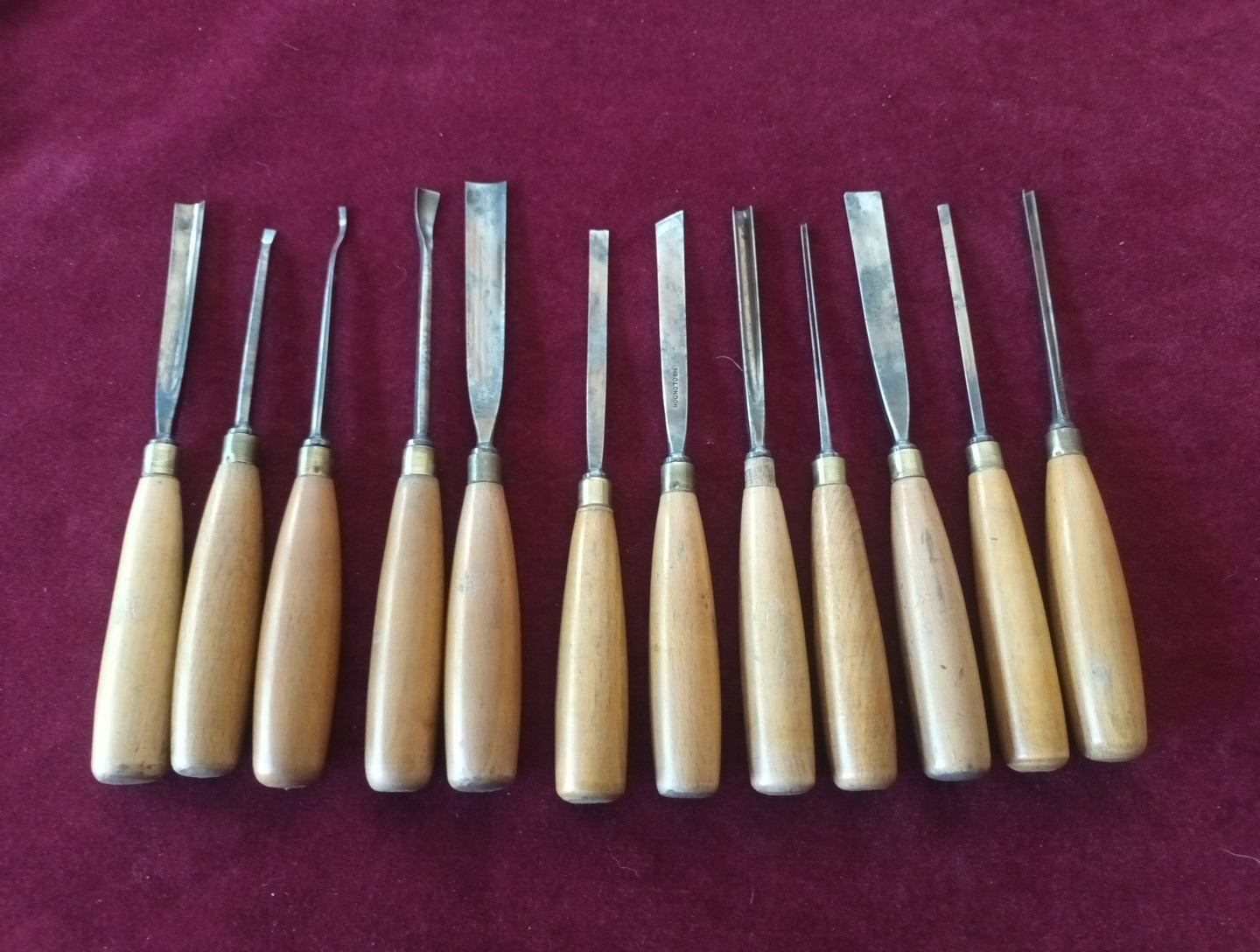 Vintage M & C of London twelve Cast Steel Carving Chisels with Beech Handles Vintage M & C of London twelve Cast Steel Carving Chisels with Beech Handles