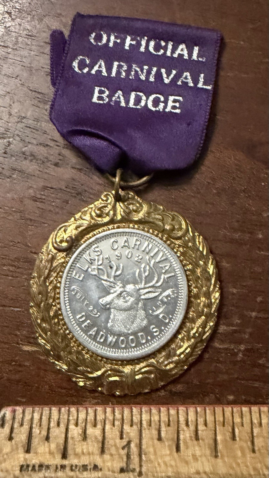 Vintage Official Carnival Badge Ribbon & Pendant, Elks, 1902 Deadwood SC