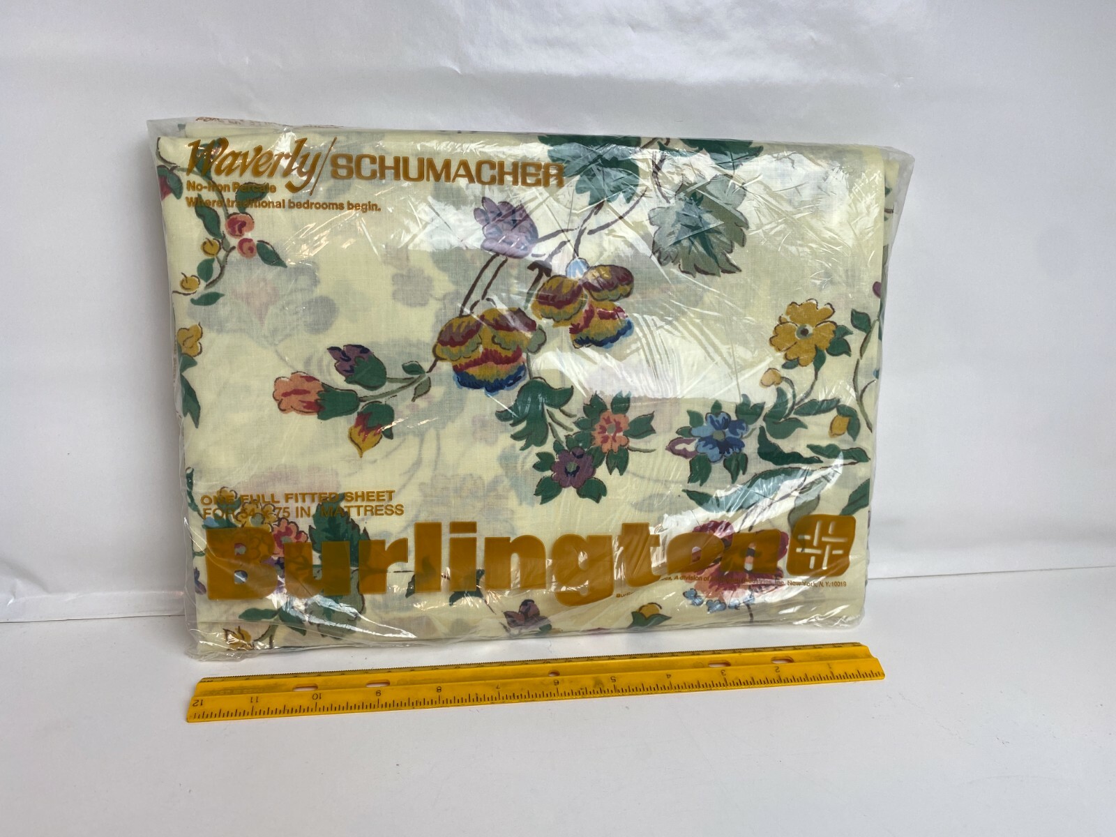 Vintage NOS Burlington Waverly Schumacher 1 Full Fitted Sheet Flower Leaves 