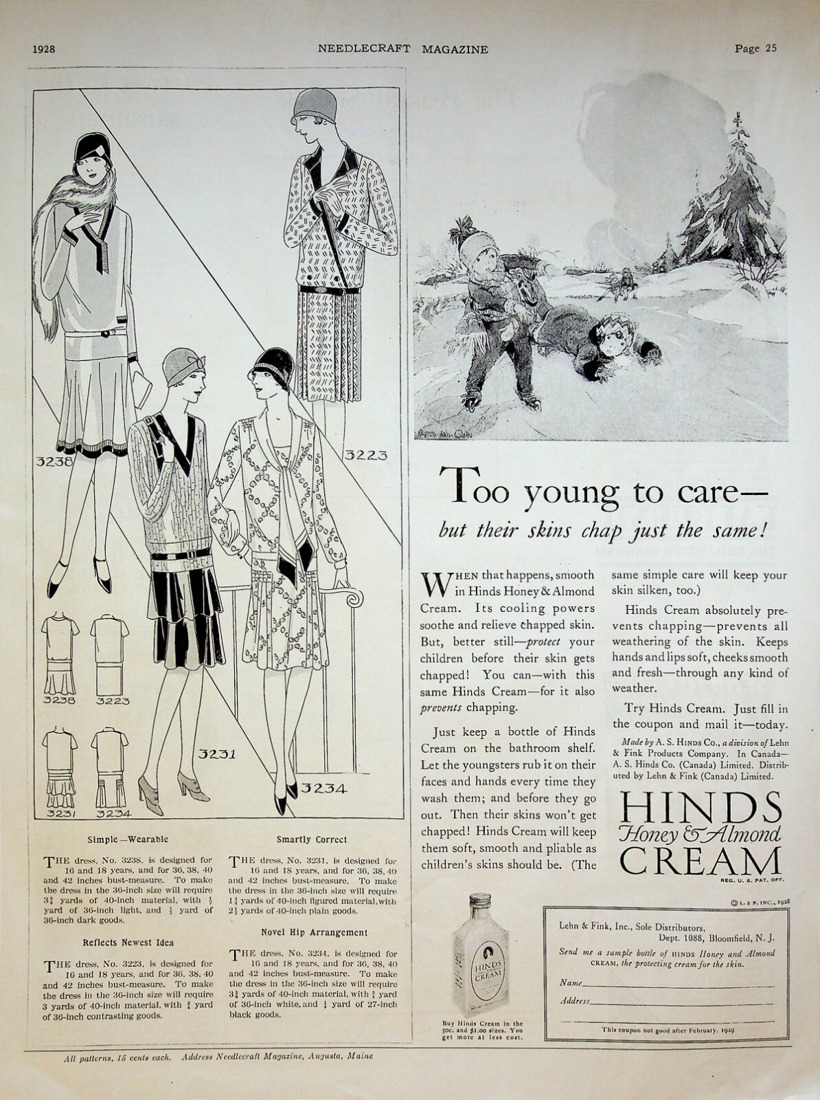 1928 Hinds Honey & Almond Cream Vintage 20s Print Ad Children Ice-skating