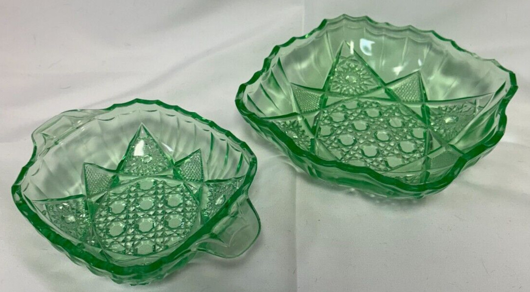 Vintage Bowl Set of Maganese Cut Green Glass by J. Hoare circa 1930s Glows