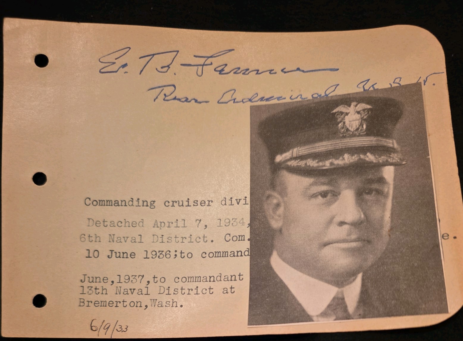 AUTOGRAPH --Rear Admiral Edward Blaine Fenner AUTOGRAPH --Rear Admiral Edward Blaine Fenner