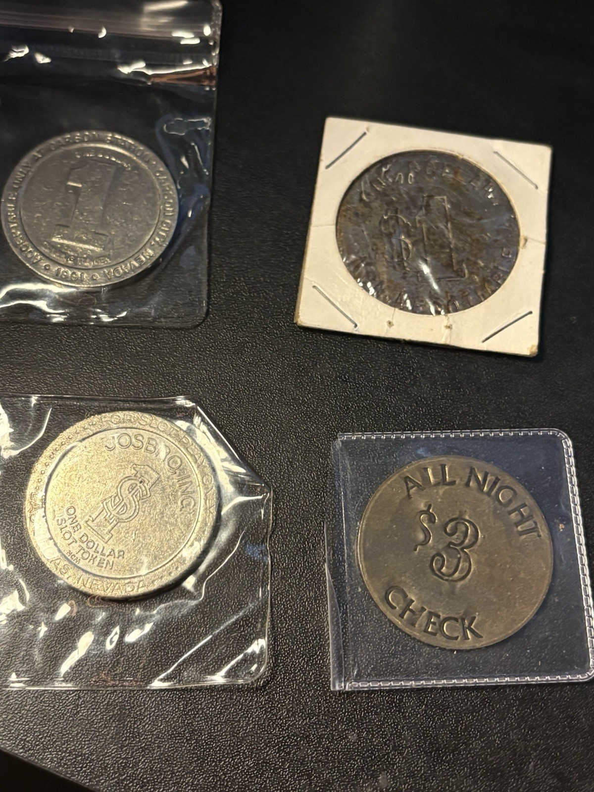 4 Vintage Nevada & Novelty Token Lot Carson Station Smith’s Food King $3 Hotel