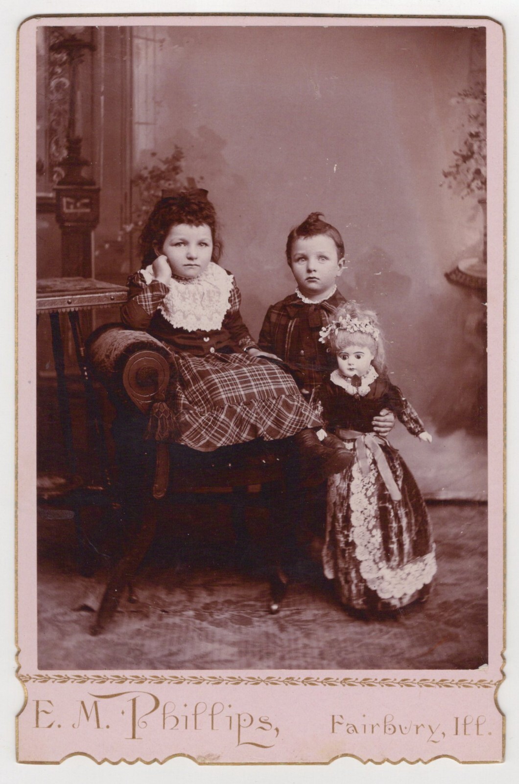 TWO ADORABLE LITTLE GIRLS AND THEIR EXQUISITE DOLL : FAIRBURY, ILLINOIS