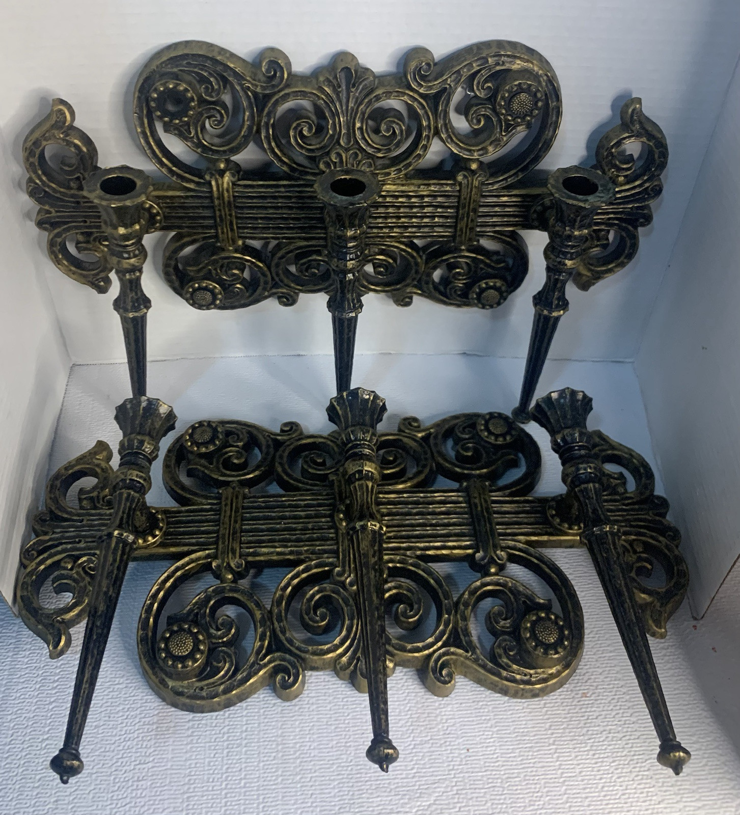 Pair of 1978 Homco  Black & Gold Gothic 3 Candle Candelabra Wall Sconces