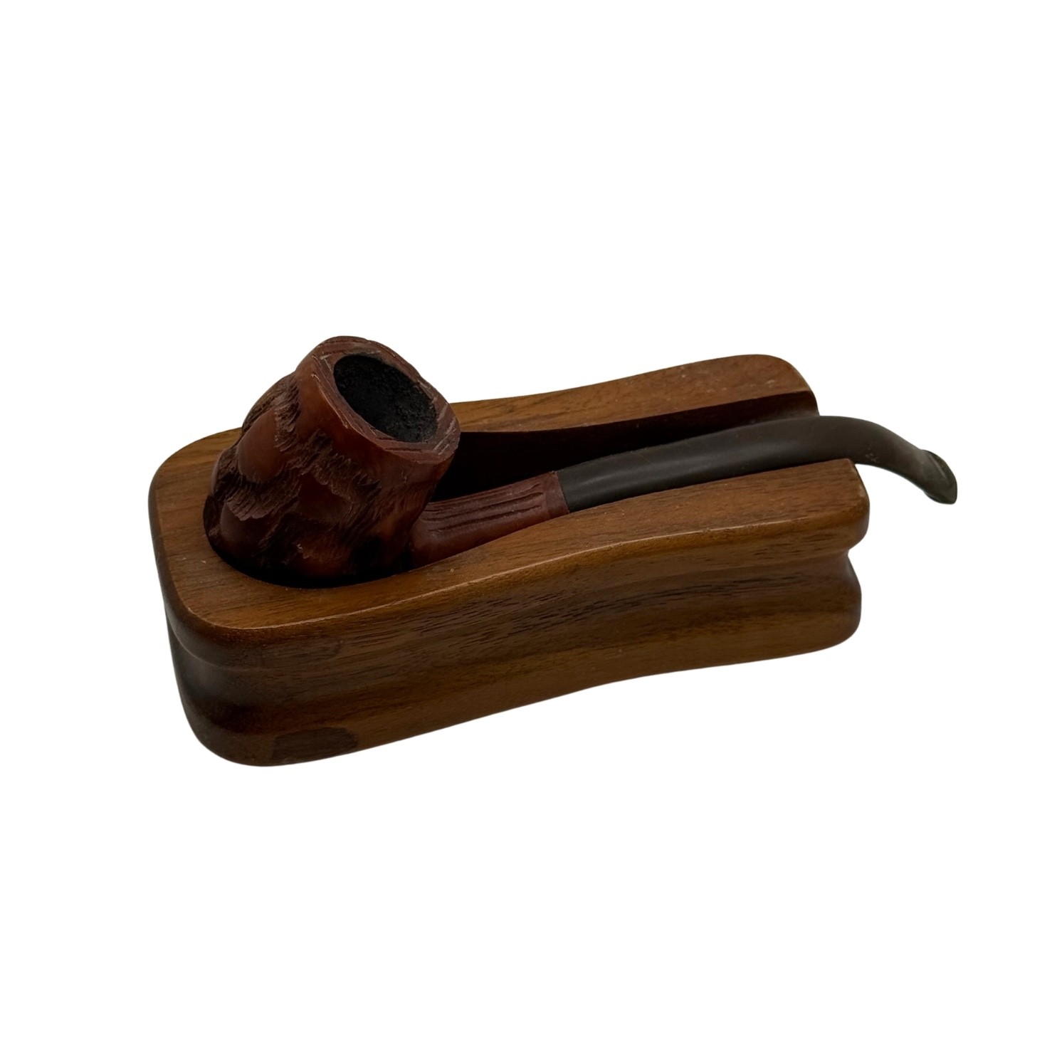 Vintage Imported Briar Italy Rustic Smoking Pipe w Walnut Decatur Pipe Stand