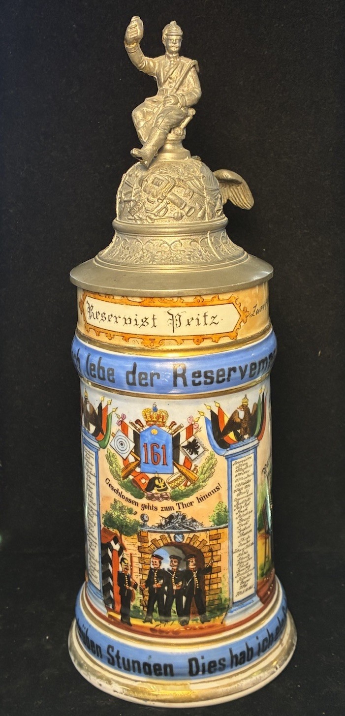 Antique German Imperial Reservist Beer Stein Infantry Regiment 161 Pewter Lid