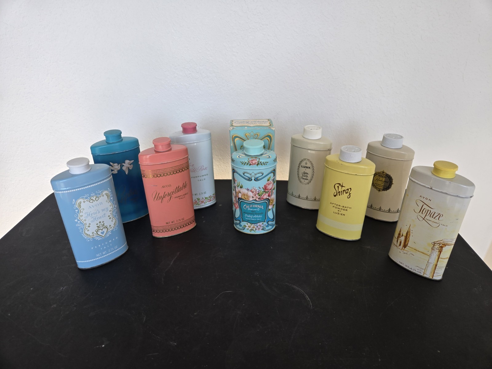 9 Vintage Avon And Luzier Perfumed Talc Tins: Topaze Rapture Shiraz & More