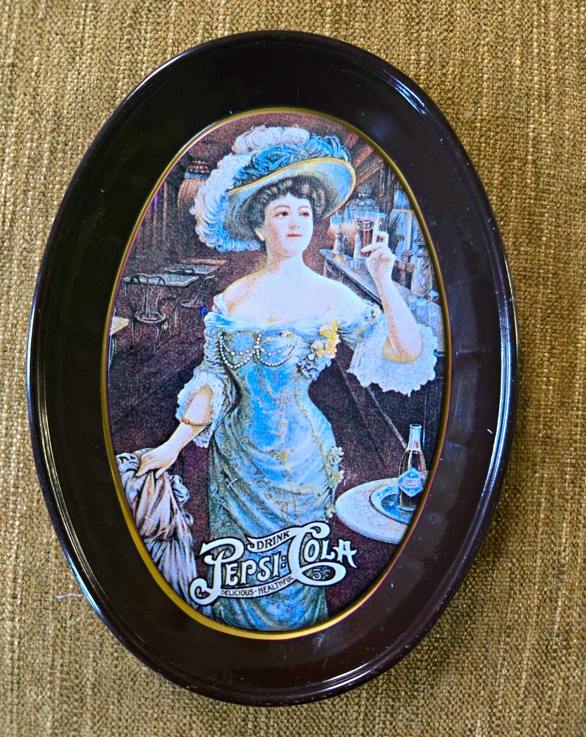 Vintage Pepsi-Cola Oval Serving Tray Black Multicolor Lady Graphic Soda Theme