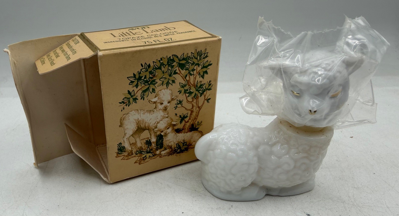 Vintage 1970s Avon Little Lamb Topaze Cologne .75 oz Full Milk Glass Box