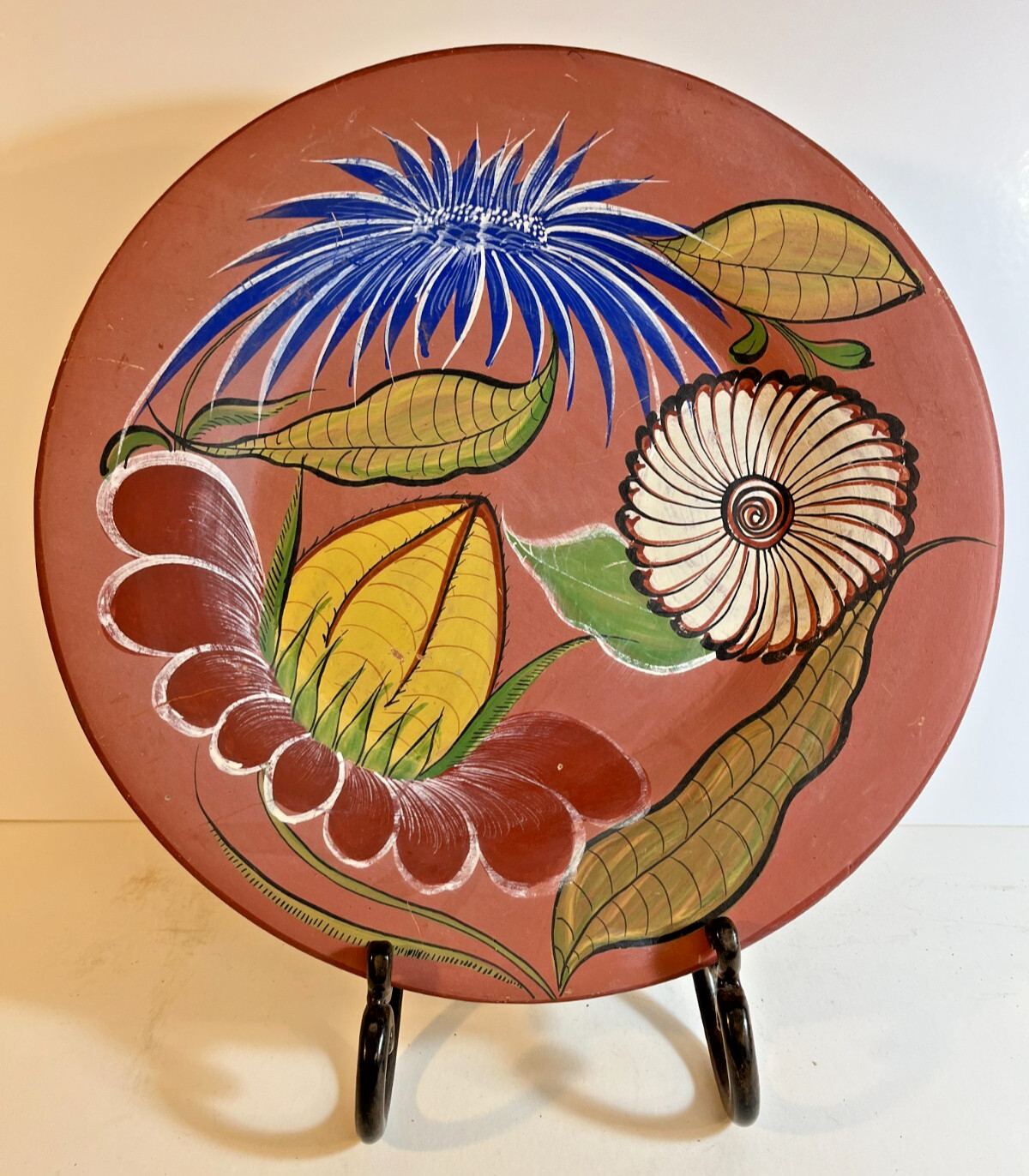Vintage Tonalá Style Lg Pottery Charger w/ Exuberant Floral Painting c. 1940-50s